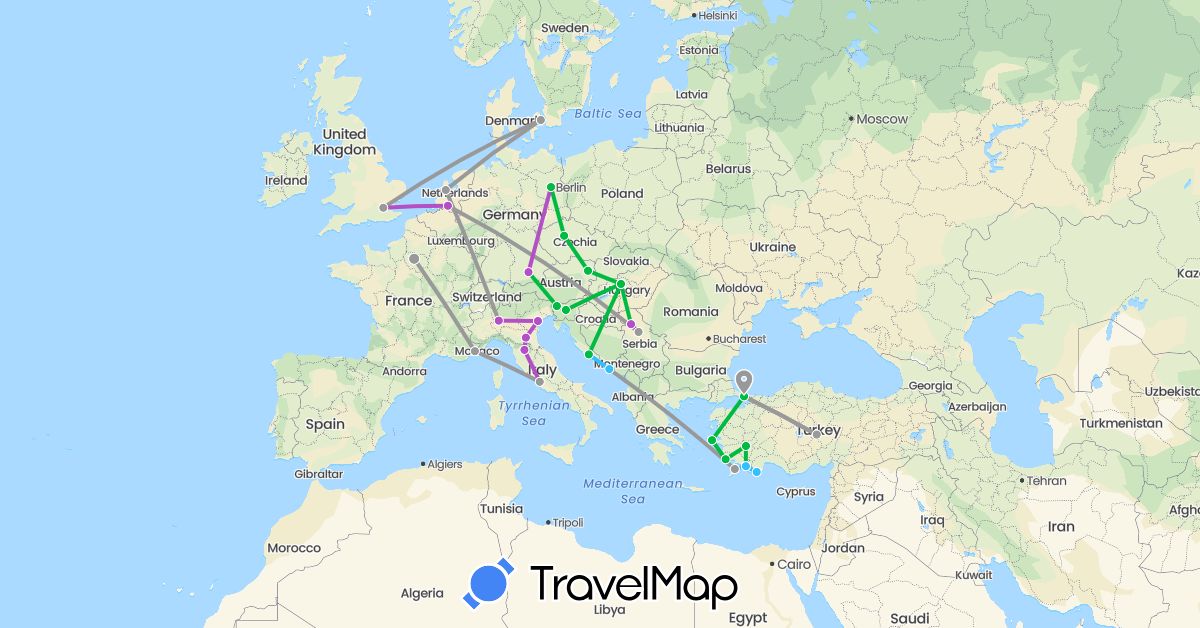 TravelMap itinerary: driving, bus, plane, train, boat in Austria, Czech Republic, Germany, Denmark, France, United Kingdom, Greece, Croatia, Hungary, Italy, Netherlands, Serbia, Slovenia, Turkey (Asia, Europe)